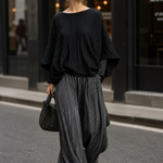 Relaxed Pleated Batwing Top and Wide-Leg Pants Two-Piece Set