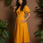 Yellow Puff Sleeve Round Neck Belted A-Line Midi Dress