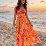 Orange Tropical Print Twisted V Neck Pleated Midi Dress