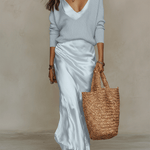 Elegant Knitted Pullover Top and Satin Midi Skirt Set