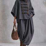 Dark Grey Oversized layered-collar toggle-fastening top and wide-leg trousers set