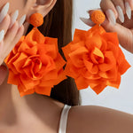 Orange Large Fabric Rose Statement Drop Earrings