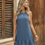 Dusty Blue Sleeveless Round Neck Ruffle Hem Mini Dress
