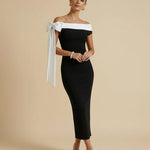 Black Colorblock Off-Shoulder Bow Tie Bodycon Midi Dress