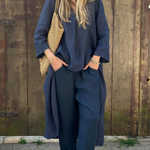 Linen Irregular Loose V-neck Top and High-Waisted Pocket Wide-leg Pants Set