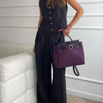 Classic V-neck Pleated Cotton and Linen Wide-leg Pants Suit