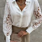Zeagoo Elegant Lace V-NeckShirt Solid Color Hollow Out Long Sleeve Patchwork Blouse