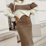 Zeagoo Women's Casual Ribbed Two-piece Set, Color Block Knit Sweater & Solid Midi Sweater Skirts Outfits