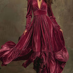 SERAFINA | RETRO OVERSIZED SKIRT LONG DRESS WITH DEEP V-NECK