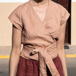 Zeagoo V-neck Slanted Breast Cotton and Linen Tie Waist Short Top