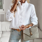 Zeagoo Ruffle Trim Button Front Shirt Regular Fit Long Sleeve Work Blouse