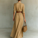 Ladies Lapel Long Sleeve Shirt Belted Maxi Dress