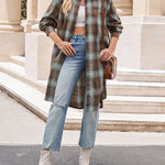 Zeagoo Plaid Longline Button-Up Shacket Lapel Neck Long Sleeve Shirt Pocket