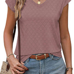 Zeagoo V Neck Eyelet T Shirts Cap Sleeve Tops