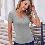 Zeagoo Short Sleeve Shirts Ribbed Knit Square Neck Tshirt