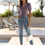 Zeagoo Puff Sleeve Tops Sweater V Neck Short Sleeve Shirts