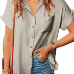 Zeagoo Linen Shirts Cotton Short Sleeve V Neck Collared Blouses