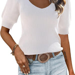 Zeagoo Puff Sleeve Tops Sweater V Neck Short Sleeve Shirts