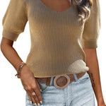 Zeagoo Puff Sleeve Tops Sweater V Neck Short Sleeve Shirts