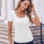 Zeagoo Short Sleeve Shirts Ribbed Knit Square Neck Tshirt