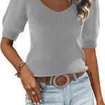 Zeagoo Puff Sleeve Tops Sweater V Neck Short Sleeve Shirts