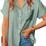 Zeagoo Linen Shirts Cotton Short Sleeve V Neck Collared Blouses