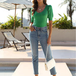 Zeagoo Puff Sleeve Tops Sweater V Neck Short Sleeve Shirts