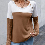Zeagoo Women Waffle Knit Shirts Long Sleeve Colorblock Tee