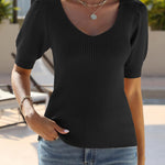 Zeagoo Puff Sleeve Tops Sweater V Neck Short Sleeve Shirts