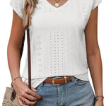 Zeagoo V Neck Eyelet T Shirts Cap Sleeve Tops