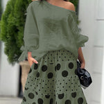 Casual Shoulder Top & Printed Pants Two-Piece Set