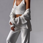 Zeagoo Women's Chic V-neck Knitted Three-piece Set Sleeveless Crop Vest and Sweater Cardigan & Solid Wide Leg Pants