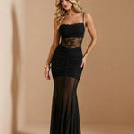 Black Lace Sheer Waist Ruched Mermaid Maxi Dress