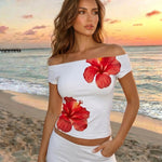 Black Hibiscus Print Off-Shoulder Short Sleeve T-Shirt