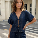 Dark Denim Tie Front Short Sleeve Top