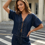 Dark Denim Tie Front Short Sleeve Top