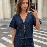 Dark Denim Tie Front Short Sleeve Top