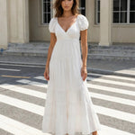 White Puff Sleeve Lace Tiered V Neck Maxi Dress
