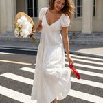 White Puff Sleeve Lace Tiered V Neck Maxi Dress