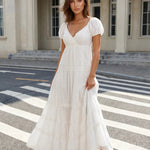 White Puff Sleeve Lace Tiered V Neck Maxi Dress