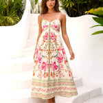 Pink Floral Spaghetti Strap Tiered Midi Dress