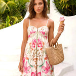 Pink Floral Spaghetti Strap Tiered Midi Dress