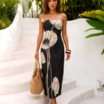 Black Cream Floral Print Spaghetti Strap Midi Dress