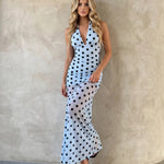 Light Blue Polka Dot Halter Neck Mesh Maxi Dress