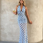 Light Blue Polka Dot Halter Neck Mesh Maxi Dress