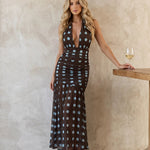Brown Light Blue Polka Dot Halter Neck Mesh Midi Dress