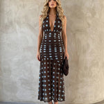 Brown Light Blue Polka Dot Halter Neck Mesh Midi Dress