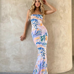 Multicolor Abstract Print Strapless Mermaid Maxi Dress
