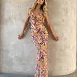 Multicolor Marble Print Halter Neck Mermaid Maxi Dress