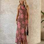 Leopard Print Pink Rose Halter Neck Midi Dress